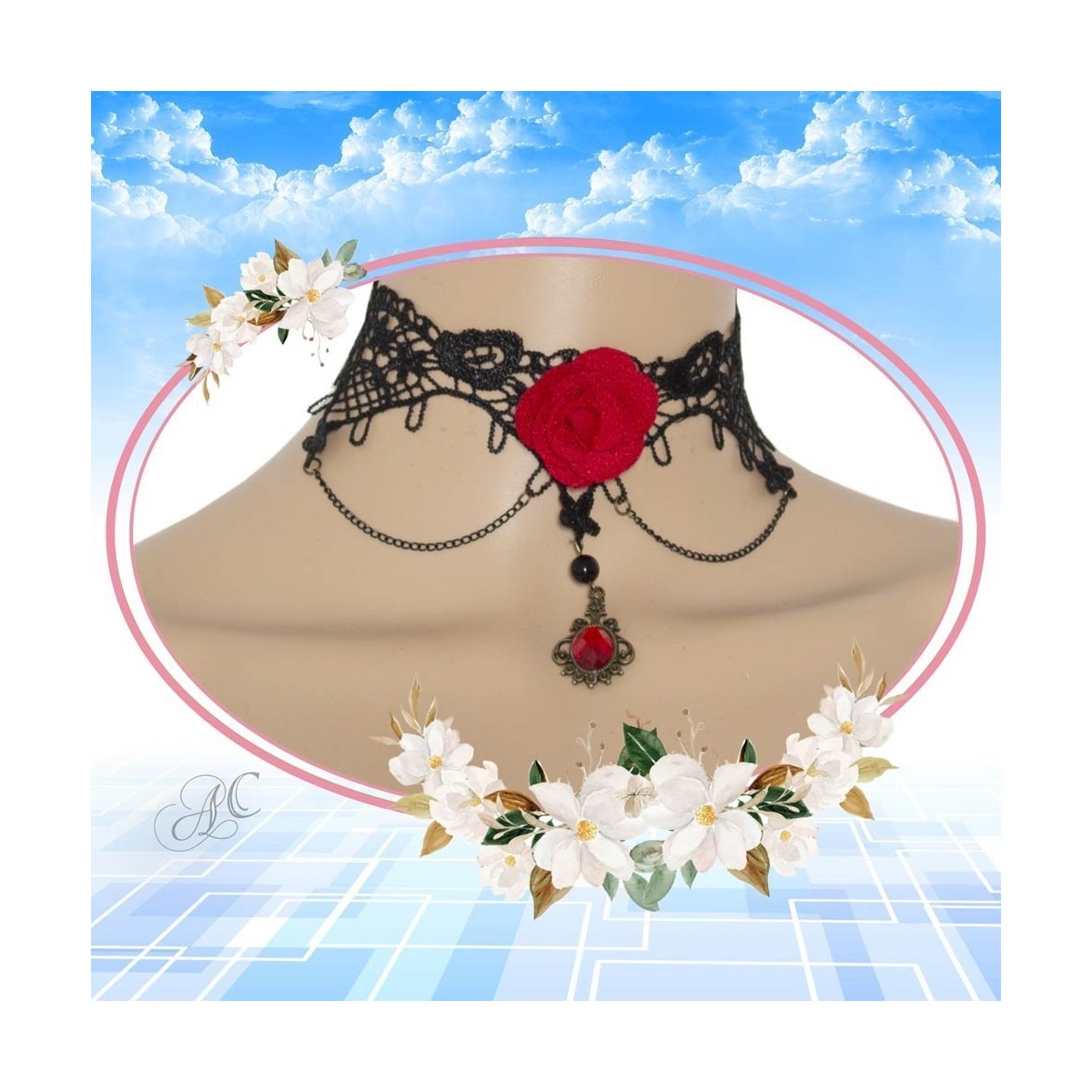 Collier ras du cou en dentelle, strass et rose rouge