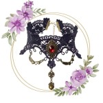 Ras de cou gothique dentelle noir et doré, médaillon strass rouge