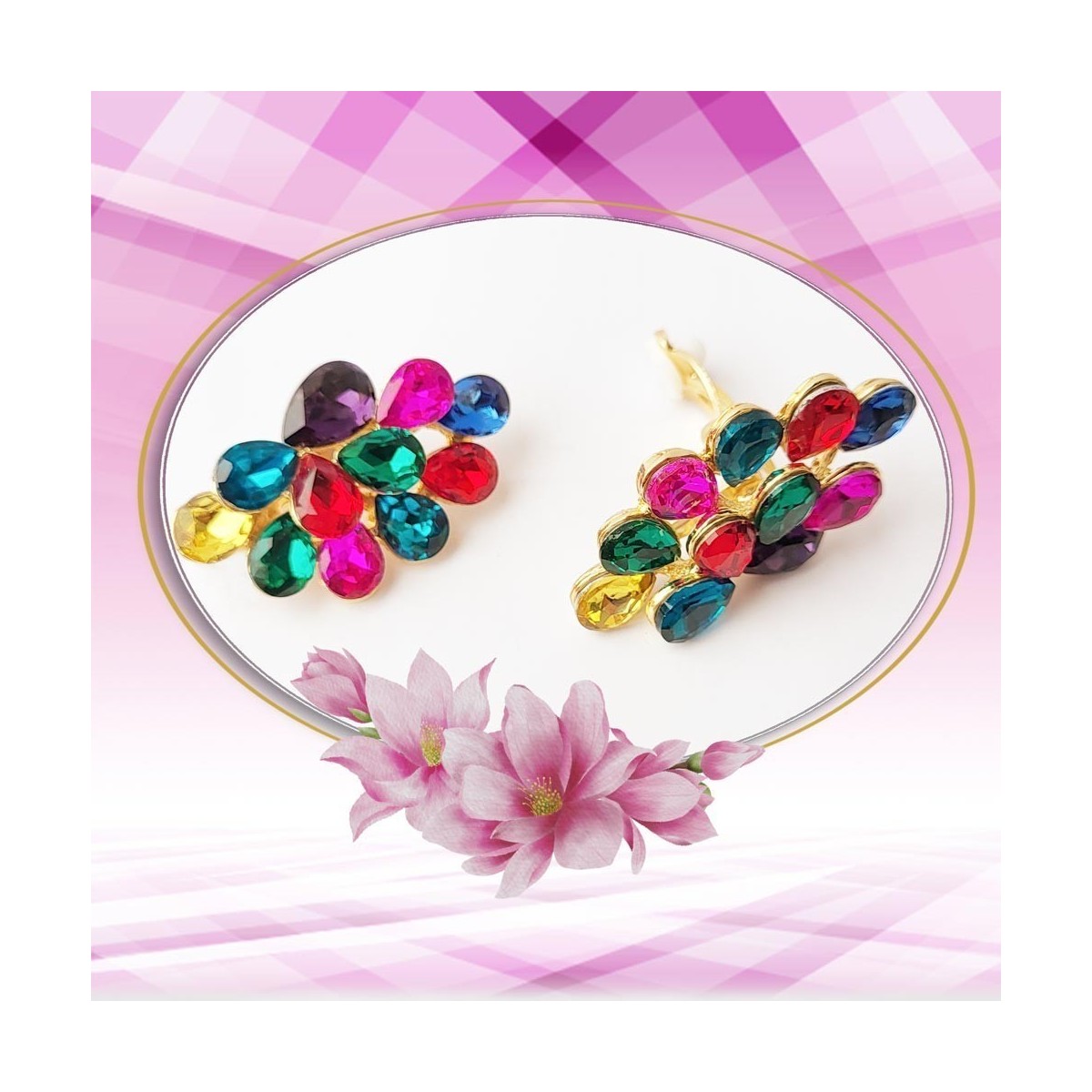 Boucles d'oreilles clips, ornée de strass multicolore