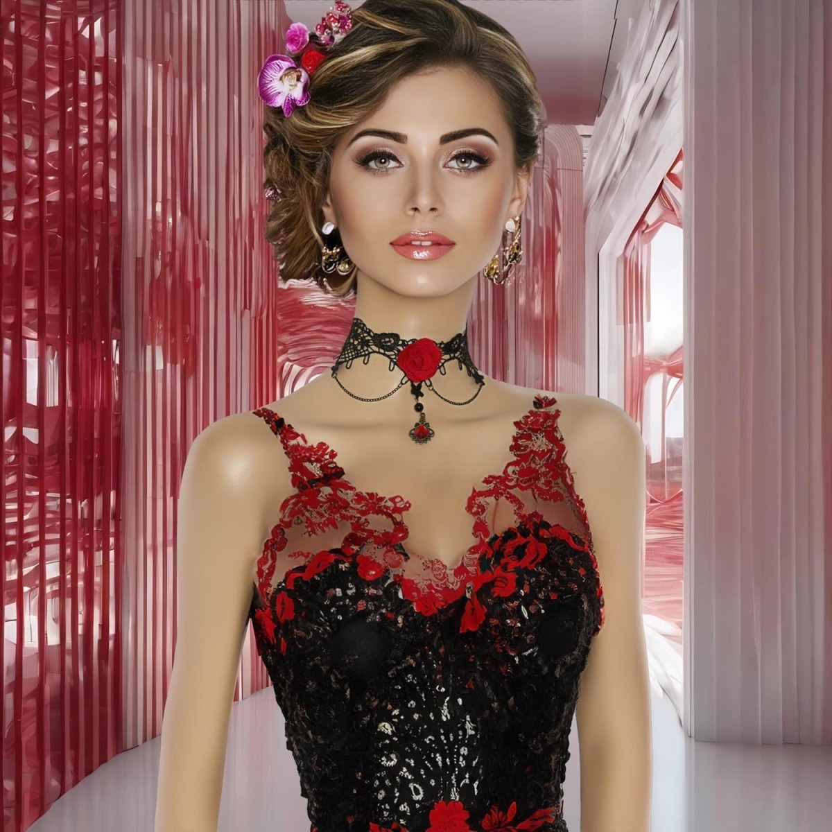 Collier ras du cou en dentelle, strass et rose rouge