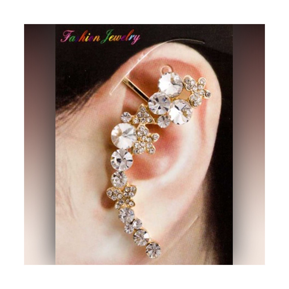 Boucle tour d'oreille papillons et fleurs, ornée de strass